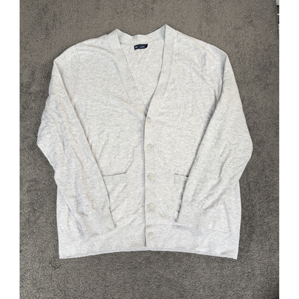 GAP Mens Large Light Grey Heather V-Neck Button Front Cardigan Sweater Pockets